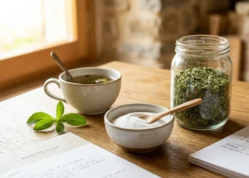 Composizione su un tavolo di legno con foglie di stevia fresca, stevia in polvere in una ciotola di ceramica e un barattolo di foglie essiccate accanto a un ricettario di Ricette.com.