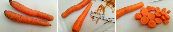 Prendete le carote, lavatele ed eliminate la buccia con un pelapatate. Tagliatele a rondelle piuttosto sottili.