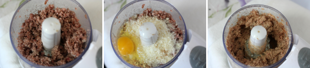 A questo punto aggiungete il parmigiano, un uovo, la noce moscata e il pepe. Assaggiate prima di mettere il sale, in quanto il prosciutto e il parmigiano danno già abbastanza sapore. Riponete il composto in frigo.
