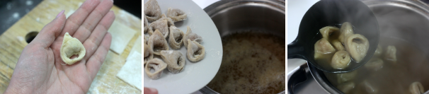 Estraete il tortellino dal dito e procedete così con il resto dell’impasto. Una volta assemblati potete procedere cuocendoli nel brodo di carne per 3-4 minuti.