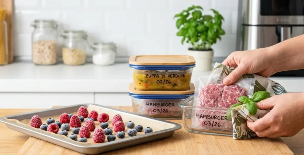 Guida Visiva al Congelamento Perfetto Tecniche di congelamento domestico: frutti di bosco su teglia, contenitori di vetro con zuppa e hamburger etichettati, carne sottovuoto.