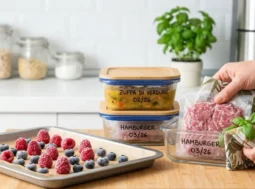 Tecniche di congelamento domestico: frutti di bosco su teglia, contenitori di vetro con zuppa e hamburger etichettati, carne sottovuoto.