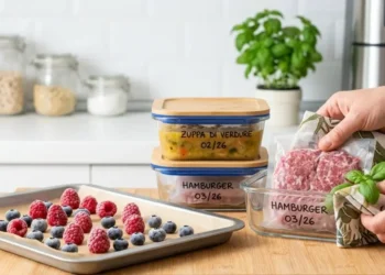 Tecniche di congelamento domestico: frutti di bosco su teglia, contenitori di vetro con zuppa e hamburger etichettati, carne sottovuoto.