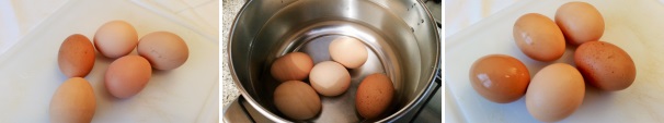 Prendete le uova, mettete sul fuoco una pentola con dell’acqua fredda, immergetele e lasciatele cuocere per 25 minuti circa a fiamma vivace. A questo punto le uova saranno sode, toglietele dal fuoco e fatele raffreddare.