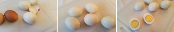 Dopo che si saranno raffreddate, colpite lievemente le uova in modo da creare delle crepe nel guscio, togliete accuratamente tutta la buccia. Procedete così fino a quando non avrete sgusciato tutte le uova. A questo punto tagliatele a metà dalla parte più lunga.
 