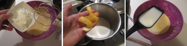 Preparate la crema pasticcera. Sbattete i tuorli con lo zucchero con le fruste elettriche. Aggiungete 15 grammi di farina e la fecola, quindi sbattete nuovamente, unendo tutti gli ingredienti. Versate il latte nella pentola ed aggiungete la scorza del limone. Portate ad ebollizione. Temperate i tuorli sbattuti, aggiungendo un mestolo di latte caldo e mescolando vivacemente.