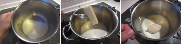 Versate il latte in una pentola alta, meglio se antiaderente. Accendete il fuoco a fiamma bassa e portate il latte ad ebollizione. Appena il latte bolle spegnete subito il fuoco. Mettete nel latte il burro e fatelo sciogliere. Aggiungete lo zucchero e mescolate fin quando non sarà sciolto.