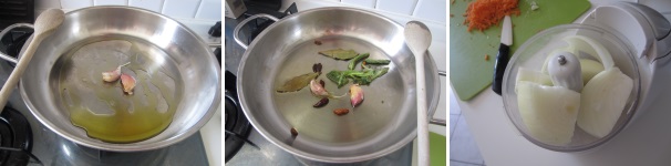 Soffriggete l’aglio in camicia nell’olio. Aggiungete la salvia, l’alloro e il peperoncino. Tritate la cipolla finemente.