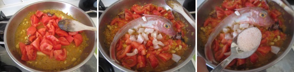 Aggiungete il pomodoro al sugo. Mescolate, fate appassire leggermente e aggiungete la gallinella. Aggiustate con del sale e pepe. Coprite e cuocete al fuoco lento.