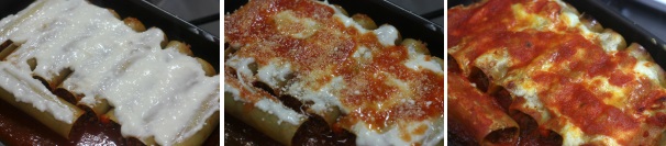 A questo punto cospargete sui cannelloni la besciamella, poi la salsa ed infine del parmigiano grattugiato. Infornate a 180 °C per 30 minuti, attivando il grill gli ultimi 5 minuti per far dorare la superficie.