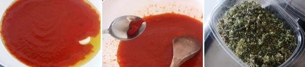 In un tegame fate rosolare l’aglio in un po’ d’olio. Aggiungete la salsa di pomodoro, preferibilmente di pomodori ciliegini, e il concentrato di pomodoro. La salsa non avrà bisogno di cottura in quanto già cotta durante la sua realizzazione. A questo punto potete aggiungere l’origano.