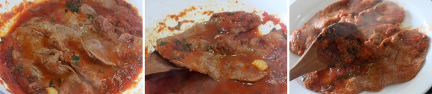 Prendete le fettine di manzo o vitello e adagiatele sulla salsa facendole cuocere tre minuti circa per lato. A cottura ultimata servite la carne ben calda cospargendo la superficie con la salsa rimasta sul fondo della padella.