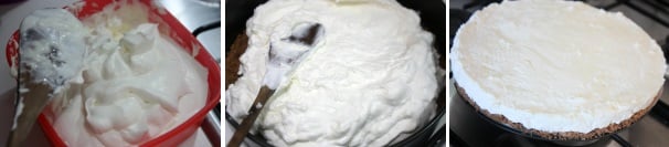 Incorporate la panna alla crema mescolando dall’alto verso il basso. Tirate fuori la base dal frigo e versate il composto all’interno della teglia livellando bene. Mettete in frigo a rassodare per 6-8 ore. Una volta pronta sformatela delicatamente dallo stampo.