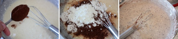 A questo punto aggiungete il cacao amaro e la maizena, mescolate il tutto con una frusta. Tirate fuori dal frigo la tortiera con la base di biscotti.