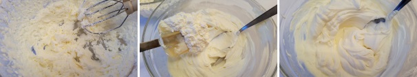 Montate la panna ben ferma, successivamente unitela al formaggio e amalgamate con delicatezza i due composti, in modo da ottenere una crema leggera e spumosa.