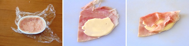 Dividete la carne macinata in otto porzioni, che serviranno per formare quattro cordon bleu. Prendete la prima porzione e adagiatela nello stampo, schiacciatela premendo sul fondo e fatela aderire anche sui bordi, in modo da creare l’involucro che ospiterà poi il ripieno. Preparate il ripieno adagiando dentro, su ogni metà fetta di prosciutto, una fetta ripiegata in due di provola e chiudete il tutto con l’altra parte del prosciutto.