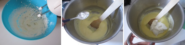 Montate la panna con lo zucchero a neve. Alla crema pasticcera raffreddata, aggiungete la vanillina e rimescolate. Aggiungete la panna montata e mescolate dall’alto verso basso per non smontare troppo la panna. Mettete in frigo per almeno un paio di ore.