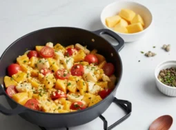 Padella antiaderente minimalista con verdure saltate e pomodorini su fondo bianco, concetto di cucina ipocalorica.