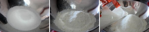 Cominciate col mescolare tutti gli ingredienti secchi, quindi la farina, lo zucchero, la farina di cocco, il lievito, il sale e la vanillina.
