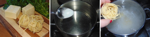 Ponete sul fuoco una pentola capiente con abbondante acqua e sale, quindi una volta arrivata ad ebollizione aggiungete le fettuccine.