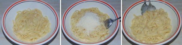 Versate la pasta nella ciotola con il burro e lavoratela fino a farlo sciogliere aiutandovi con qualche cucchiaio di acqua di cottura. Successivamente unite il Parmigiano Reggiano e continuate a mantecare velocemente, facendo si che l’acqua di cottura mista al burro si unisca al formaggio fino a formare una deliziosa cremina. A questo punto potete servire il piatto.