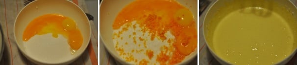 Nella ciotola dei tuorli unite lo zucchero e la scorza grattugiata dell’arancia. Con il frullatore elettrico iniziate a montare gli ingredienti fino ad avere un composto gonfio e spumoso.