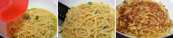 In una padella antiaderente fate riscaldare un filo d’olio d’oliva extravergine e versate tutto il composto di uova e pasta. Fate cuocere 5 minuti e poi capovolgete la frittata con l’aiuto di una paletta, di un coperchio o di un piatto, come preferite, facendo cuocere altri 5 minuti dall’altro lato.