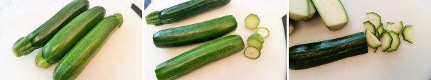 Prendete le zucchine, lavatele con cura e con coltello spuntate le estremità, successivamente tagliatele a metà dalla parte della lunghezza e ricavate delle mezze lune di simile spessore.