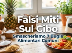 Un mix di alimenti sani e naturali (uova, pasta, latte, verdure, ananas) posizionati su un tavolo di legno chiaro. Luce naturale diffusa e messa a fuoco nitida. Foto di copertina per l'articolo sui 7 miti alimentari smascherati.