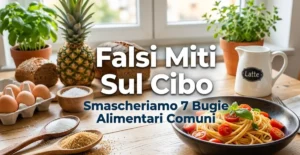 Un mix di alimenti sani e naturali (uova, pasta, latte, verdure, ananas) posizionati su un tavolo di legno chiaro. Luce naturale diffusa e messa a fuoco nitida. Foto di copertina per l'articolo sui 7 miti alimentari smascherati.