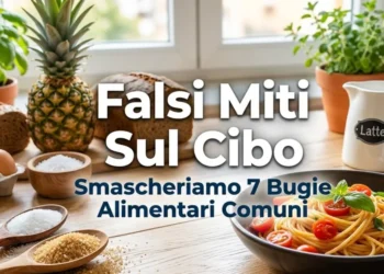Un mix di alimenti sani e naturali (uova, pasta, latte, verdure, ananas) posizionati su un tavolo di legno chiaro. Luce naturale diffusa e messa a fuoco nitida. Foto di copertina per l'articolo sui 7 miti alimentari smascherati.