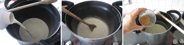 Versate il latte in una pentola antiaderente e portatelo ad ebollizione, mescolando continuamente. Abbassate il fuoco, versate lo zucchero e cuocete a fuoco medio-basso, fino alla riduzione del liquido a metà.