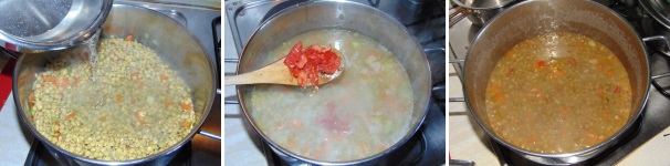 Versate sulle lenticchie il brodo vegetale tiepido fino a coprirle. Aggiungete il pomodoro lavato e tagliato a dadini e coprite con il coperchio. Da qui procedete alla cottura, preferibilmente a fuoco basso, per circa 60 minuti. A fine cottura salate e spegnete, quindi lasciate riposare qualche minuto in modo che assorbano il sale.