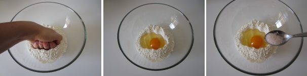 Versate la farina setacciata in una ciotola capiente. Formate un buco nel mezzo della farina con il pugno. Versate l’uovo nel buco creato e cospargete tutto con il sale.