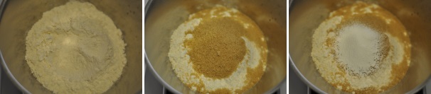 Portate il forno a 200 °C. In una ciotola capiente mischiate la farina, il lievito, il pizzico di sale e lo zucchero.