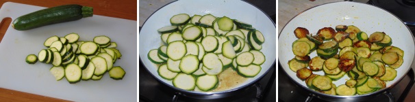 Lavate e mondate le zucchine, tagliatele in fette di ugual spessore e lasciatele dorare nello stesso olio dove avete precedentemente tostato la pancetta, che sarà già ben insaporito. Quando le zucchine saranno dorate toglietele dal fuoco.