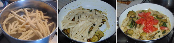 Lessate per due minuti la pasta in acqua salata, scolatela e trasferitela in padella con le zucchine, conservando l’acqua di cottura. Lavate e tagliate i pomodorini, uniteli alla pasta in padella continuando la cottura e aggiungendo quando serve dell’acqua di cottura.