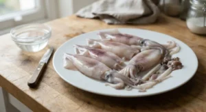 Piatto di calamari freschi da pulire Piatto bianco con calamari freschi interi e da pulire posizionato su un tavolo da cucina in legno