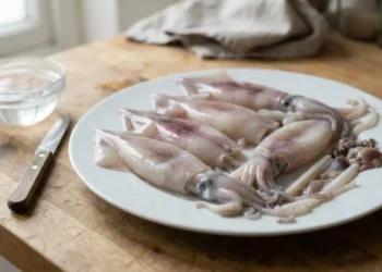 Piatto di calamari freschi da pulire Piatto bianco con calamari freschi interi e da pulire posizionato su un tavolo da cucina in legno