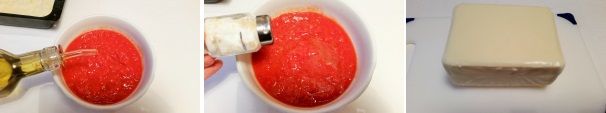 Condite la passata di pomodoro con un filo d’olio d’oliva extravergine, un pizzico di sale e mescolate il tutto in modo che la salsa sia insaporita al punto giusto (assaggiate la salsa per calibrare la sapidità). Preparate la mozzarella per pizza.