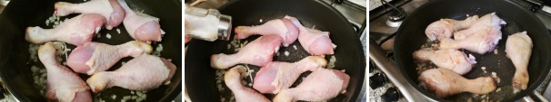 Non appena si sarà leggermente dorata, unite i pezzi di pollo, regolate di sale e fate rosolare la carne.