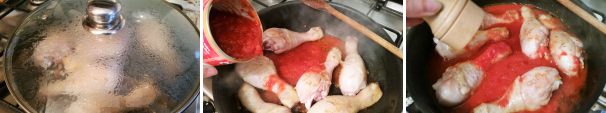 Ricoprite il tegame con il coperchio e dorate la carne. Unite al pollo la polpa del pomodoro. Aggiungete un’abbondante grattata di pepe nero.