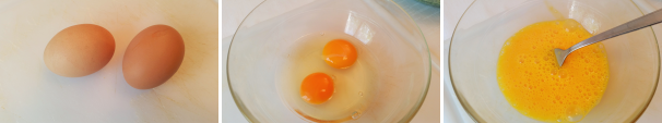 Prendete le uova, rompetele in una terrina dai bordi alti e con una forchetta sbattetele leggermente.