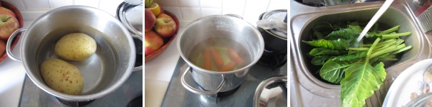 Mettete l’acqua in pentola e lessate le patate in camicia. Lessate da parte le carote per circa 15 minuti. Lavate sotto l’acqua corrente fredda le bietole. Asciugatele.
