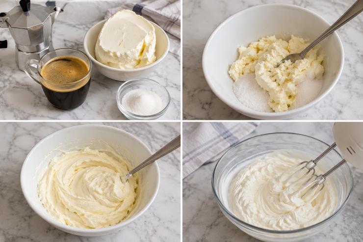 Iniziate preparando il caffè. Prendete il mascarpone e ponetelo in una scodella dai bordi lati, schiacciatelo leggermente con una forchetta e unite lo zucchero semolato. Lavorate con un cucchiaio il mascarpone e lo zucchero fino ad ottenere un composto spumoso e ben amalgamato. In un’altra scodella mettete la panna fresca fredda. Utilizzando una frusta elettrica montate la panna bene ferma, deve avere un aspetto piuttosto compatto.