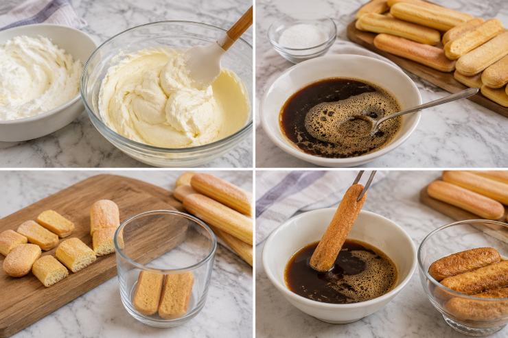 Unite i due composti insieme, la panna montata e il mascarpone lavorato con lo zucchero, mescolate delicatamente in modo che la panna non si “smonti” troppo. Versate il caffè in un piatto fondo, lasciatelo leggermente raffreddare e zuccheratelo a vostro piacimento. A questo punto prendete i savoiardi, in base al contenitore in cui deciderete di riporre il tiramisù, in questo caso delle coppe, tagliate in due i savoiardi in modo che ci stiano nella coppa, in caso contrario lasciateli interi se utilizzerete una pirofila. Inzuppate i savoiardi nel caffè, mi raccomando in maniera piuttosto rapida poiché il biscotto non deve risultare troppo molle.