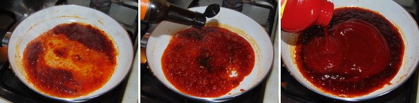 Una volta che l’aceto avrà perso il suo odore pungente, versate in padella la salsa ketchup e, a fiamma bassa, fatela amalgamare bene. Proseguite unendo la salsa worchestershire e lasciate cuocere per circa 15 minuti facendo attenzione a non far rassodare troppo il composto.