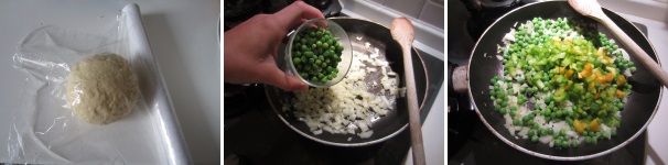 Avvolgete il panetto nella pellicola trasparente e mettetelo in frigo per mezz’ora. Nel frattempo mettete le patate in camicia e le carote a lessare in acqua salata oppure al vapore. Riscaldate un po’ di olio in una padella. Sbucciate e soffriggete la cipolla. Quando appassisce, aggiungete i piselli, mescolate e cuocete per qualche minuto. Se necessario aggiungete un cucchiaino d’acqua. Lavate e tagliate a piccoli cubetti il peperone, aggiungetelo ai piselli e continuate la cottura mescolando spesso ed aggiungendo dell’acqua, ma non troppa, se necessario.