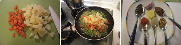 Scolate le patate e le carote, fatele raffreddare e sbucciate le patate. Tagliate entrambe a cubetti piccoli ed aggiungeteli alla restante verdura nella padella. Mescolate bene per unire tutto. Preparate le spezie: il peperoncino, lo zenzero, l’aglio, il cumino, il coriandolo, il garam masala e il pepe bianco. Il cumino e coriandolo potete sostituirli con le spezie in polvere.