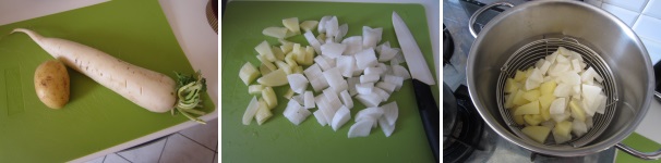 Lavate e sbucciate le patate e il daikon. Tagliateli a cubetti e metteteli a cuocere al vapore, salati leggermente, per circa 15-20 minuti.